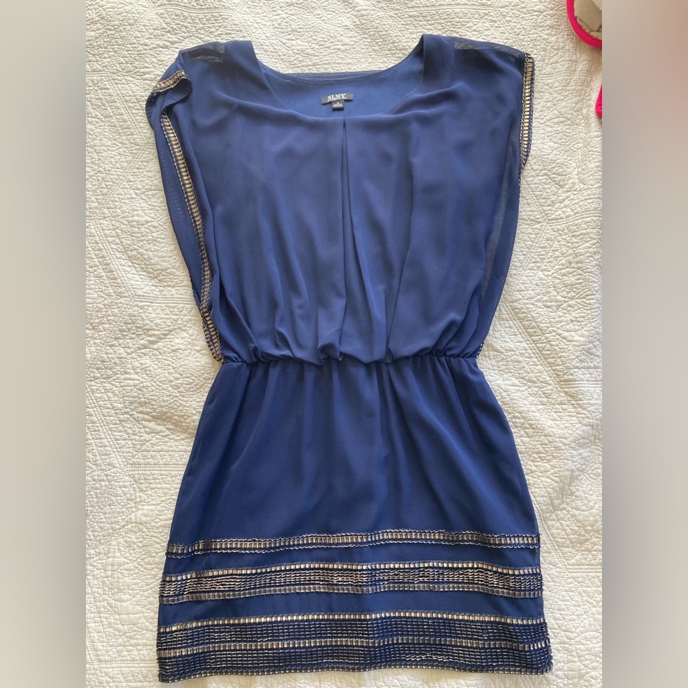 SLNY Navy Blue Cocktail Dress with Gold Trim Size 8